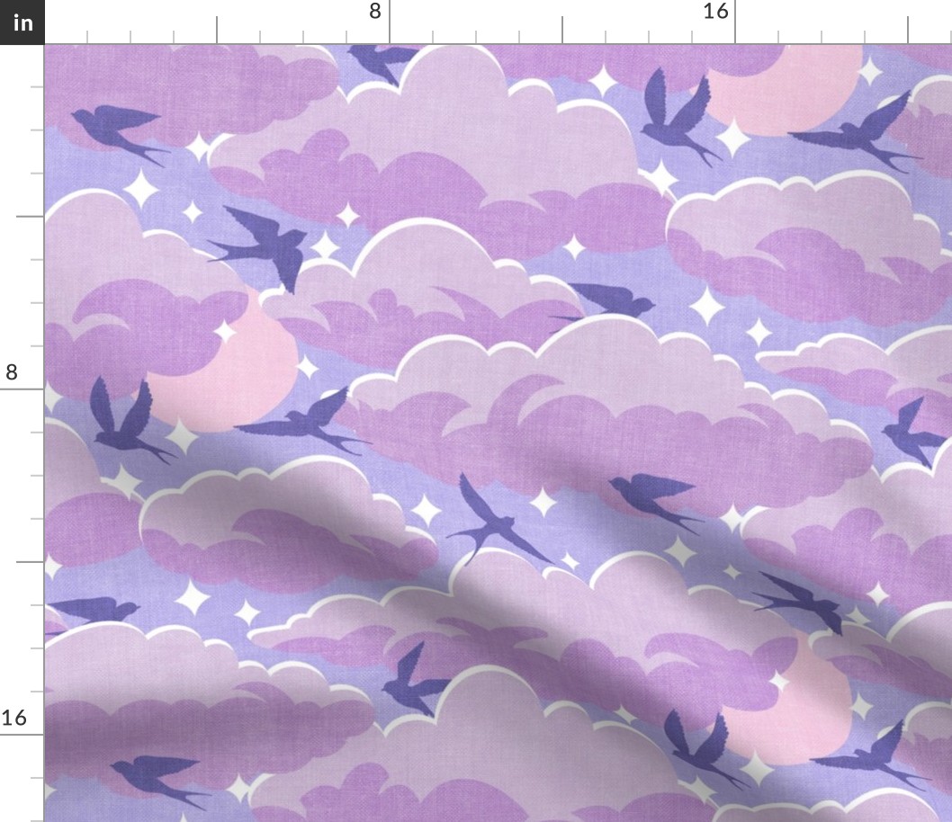 Calm Moon Rise with Comforting Clouds & Swallows Pattern -Medium