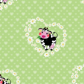 Cartoon enamored cow with daisies