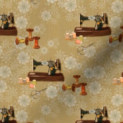 6” grid repeat antique, heritage vintage sewing machine, scissors, cotton reel spools with faux burlap woven texture on linen