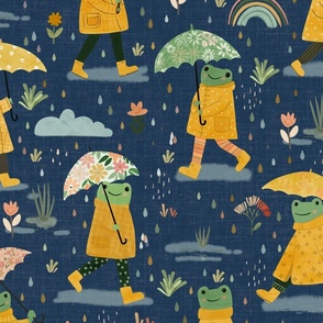 Frogs in the rain - yellow raincoat denim blue L