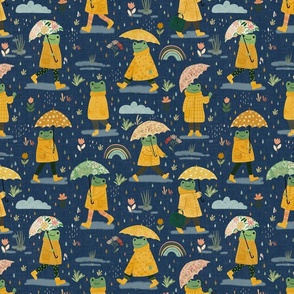 Frogs in the rain - yellow raincoat denim blue M