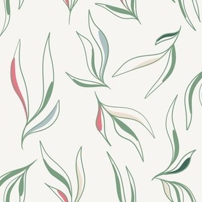 1930s Inspired Soft Flowing Leaves in Green, Blue, Pink, Beige, and Ivory.