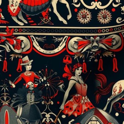 art nouveau circus folk in red black gray and white