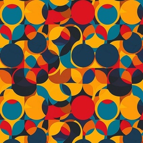 art nouveau overlapping geometric circles in orange gold and red blue