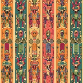 art nouveau striped panels of robots in orange pink and teal green