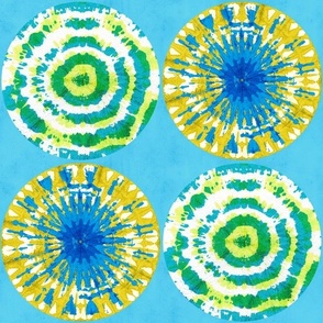 Retro tie-dye handcrafted pattern with circles in vibrant blue, turquoise and yellow, large