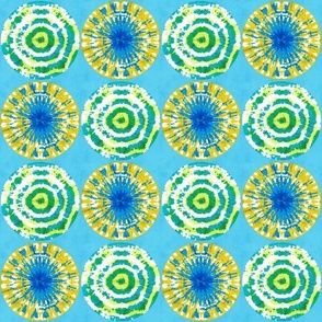 Retro tie-dye handcrafted pattern with circles in vibrant blue, turquoise and yellow, medium