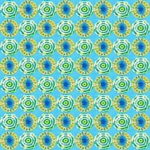 Retro tie-dye handcrafted pattern with circles in vibrant blue, turquoise and yellow, small