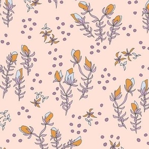 Quirky succuflower buds plants with dots hand sketched - girly pink, purple with golden mustard yellow