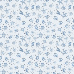 hand drawn sea shells blue and white