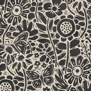 Block Print Butterfly Garden in Deep Charcoal – Large Scale