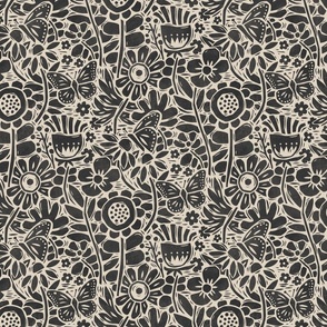 Block Print Butterfly Garden in Deep Charcoal – Medium Scale