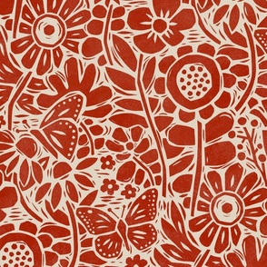 Block Print Butterfly Garden in Red – Large Scale