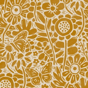 Block Print Butterfly Garden in Mustard – Large Scale