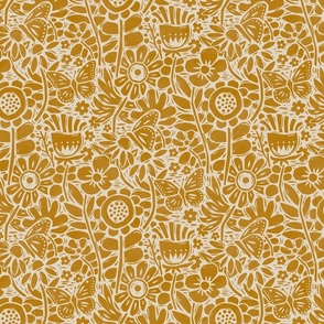 Block Print Butterfly Garden in Mustard – Medium Scale