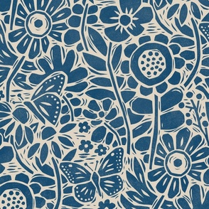 Block Print Butterfly Garden in Blue – Large Scale