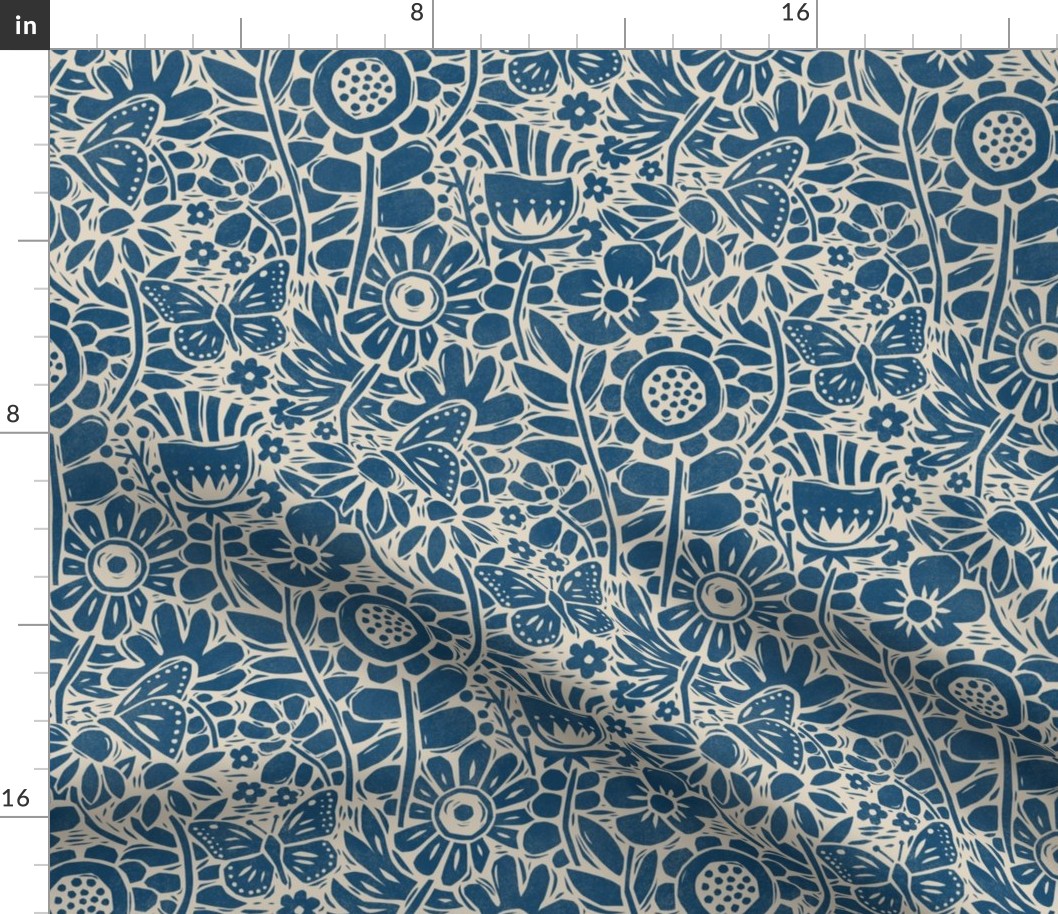 Block Print Butterfly Garden in Blue – Medium Scale