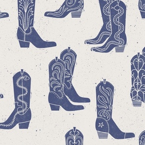 Large Block Print Cowboy Boots Blue on Cream