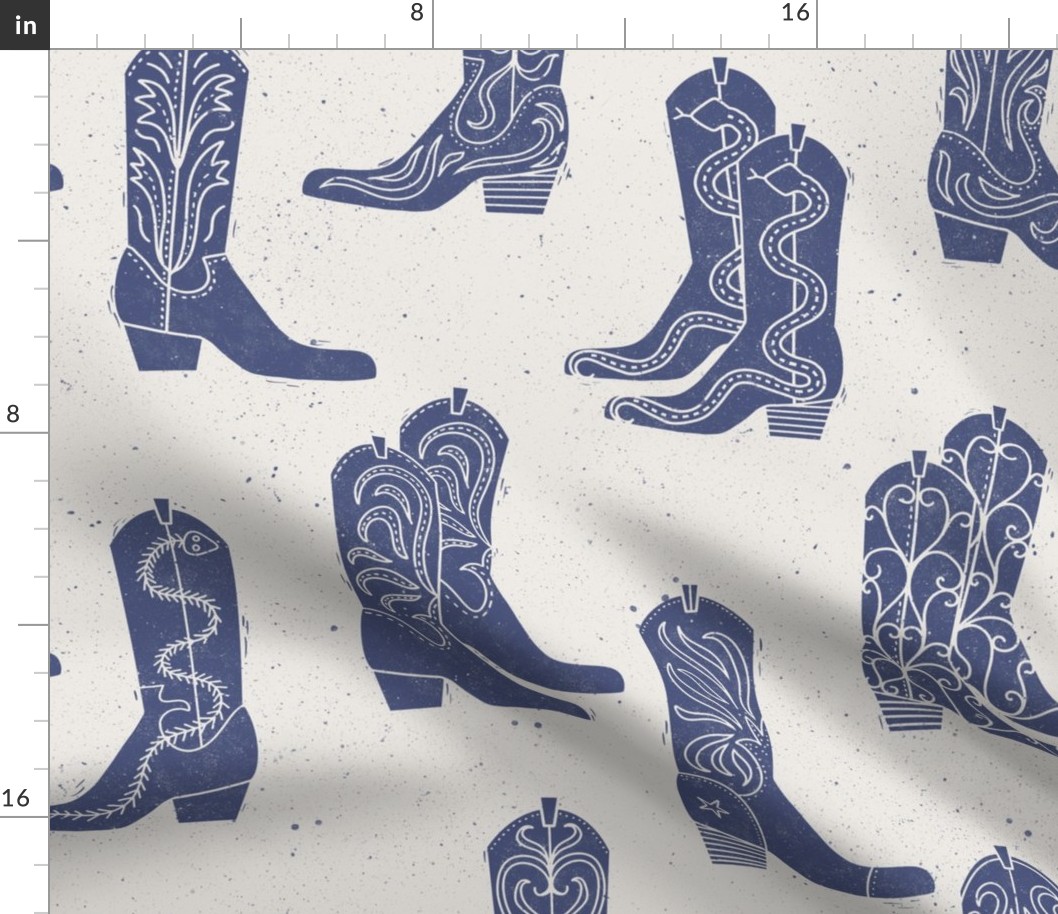 Large Block Print Cowboy Boots Blue on Cream