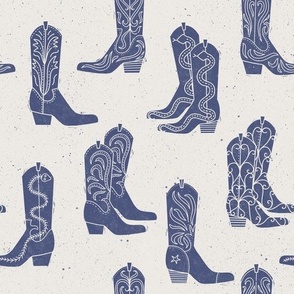 Medium Block Print Cowboy Boots Blue on Cream