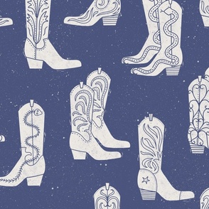 Large Block Print Cowboy Boots Cream on Blue