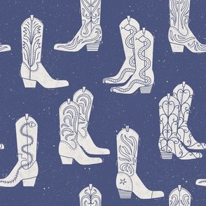 Medium Block Print Cowboy Boots Cream on Blue