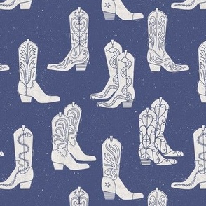 Small Block Print Cowboy Boots Cream on Blue