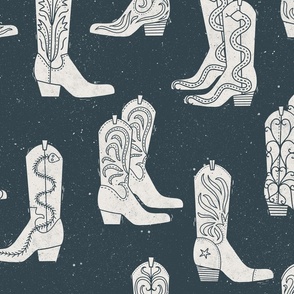 Large Block Print Cowboy Boots Cream on Indigo Blue