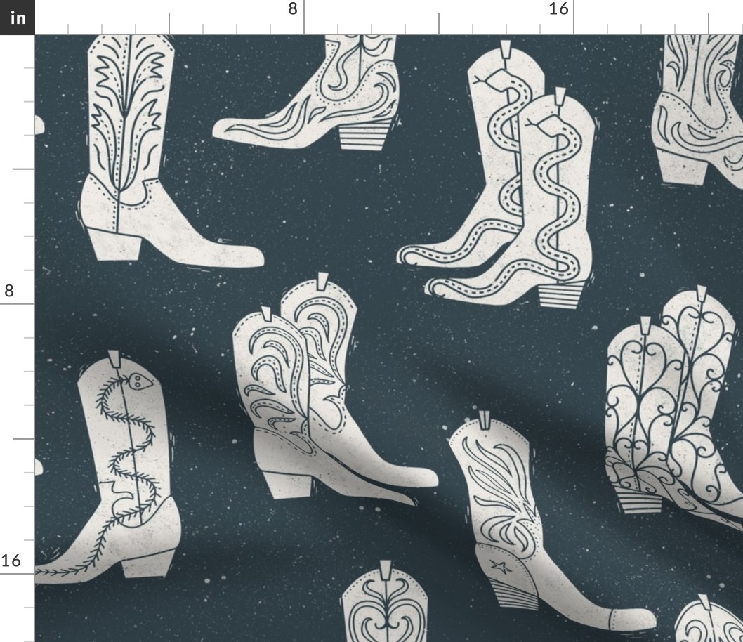 Large Block Print Cowboy Boots Cream on Indigo Blue