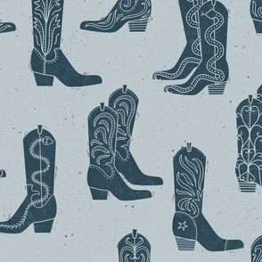 Large Block Print Cowboy Boots Indigo on Powder Blue