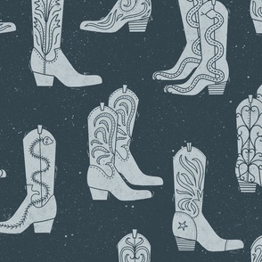 Large Block Print Cowboy Boots Powder Blue on Indigo