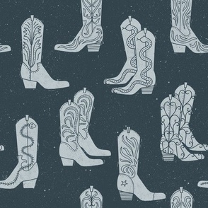 Medium Block Print Cowboy Boots Powder Blue on Indigo