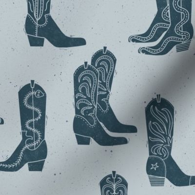 Medium Block Print Cowboy Boots Indigo on Powder Blue