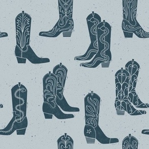 Medium Block Print Cowboy Boots Indigo on Powder Blue