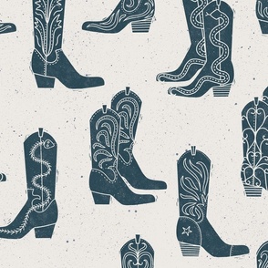 Large Block Print Cowboy Boots Indigo Blue on Cream