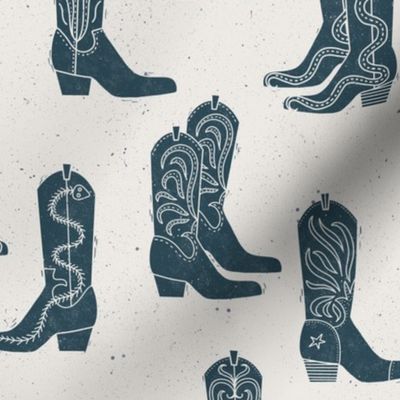 Medium Block Print Cowboy Boots Indigo Blue on Cream