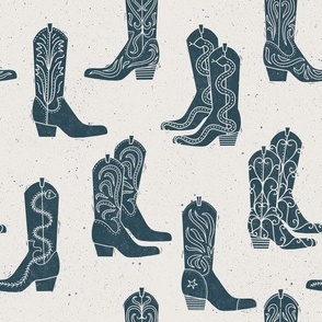 Medium Block Print Cowboy Boots Indigo Blue on Cream