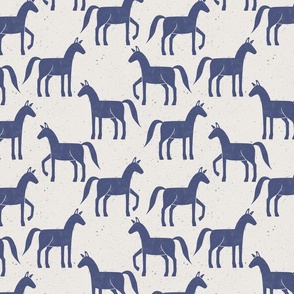 Medium Block Print Horses Blue on Cream