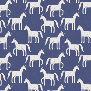 Medium Block Print Horses Cream on Blue