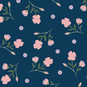 Pink floral and purple dots in navy