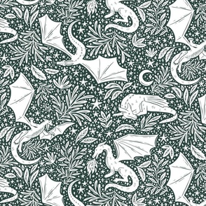 Dragons Botanical - hunter green and white - medium
