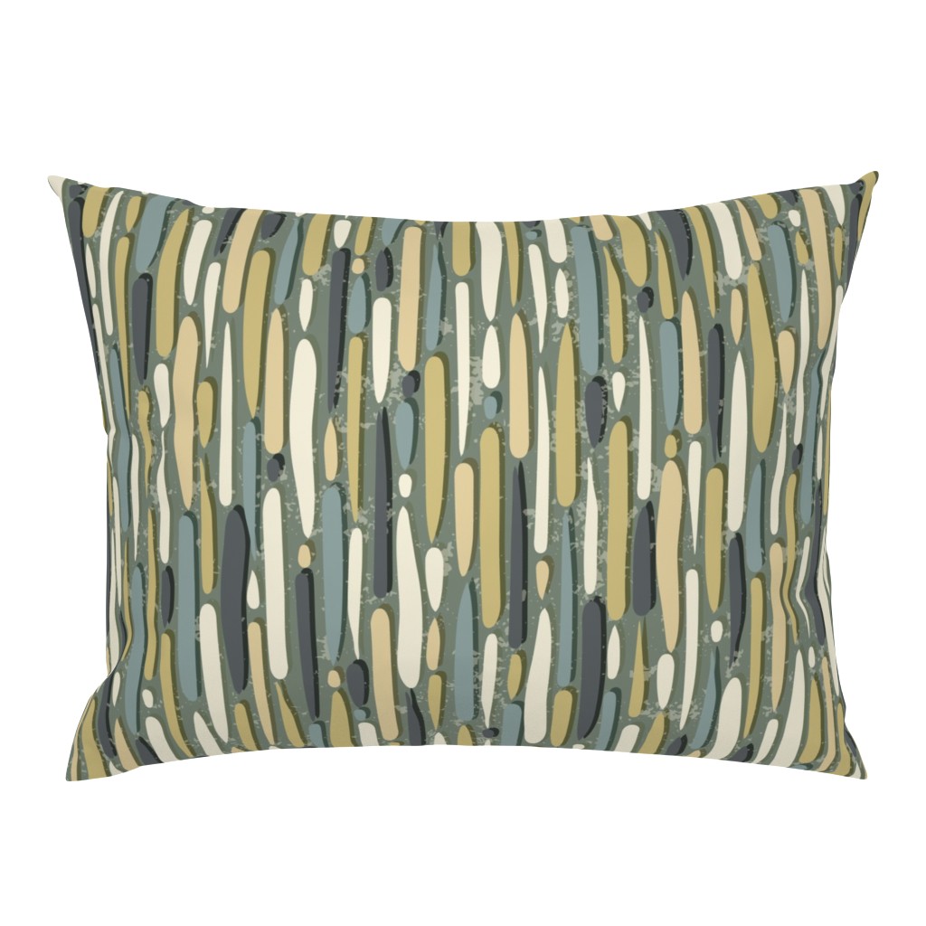 Abstract Lines and Stripes With Texture in Gold Green Cream and Grey on Sage Green  - Large