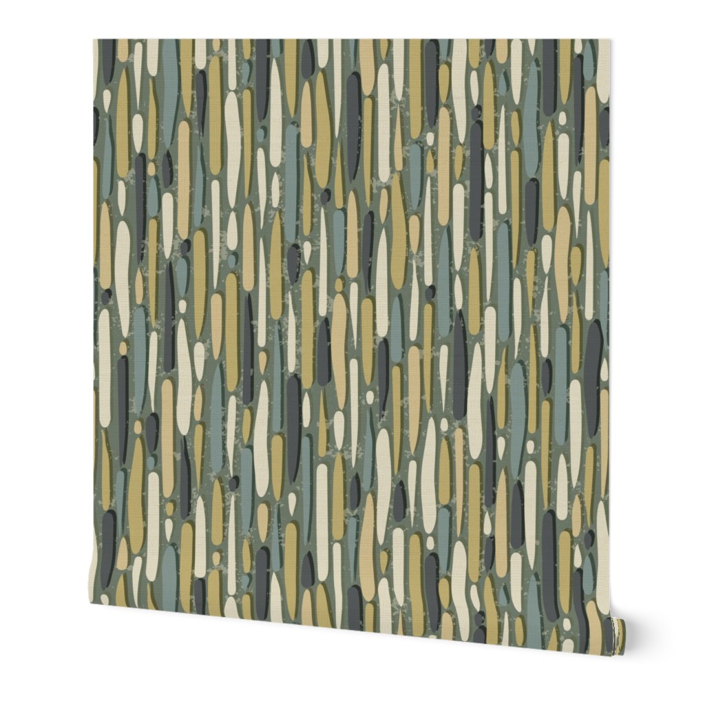 Abstract Lines and Stripes With Texture in Gold Green Cream and Grey on Sage Green  - Large