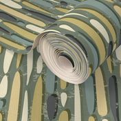 Abstract Lines and Stripes With Texture in Gold Green Cream and Grey on Sage Green  - Large