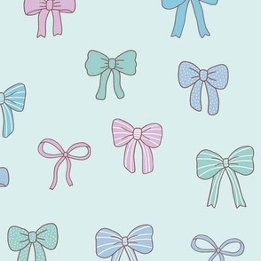 Girly Bows purple turquoise on mint green loose