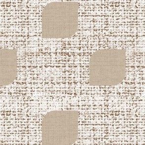 Small scale retro mod flower petal diagonal geometric in beige with a brown linen texture.