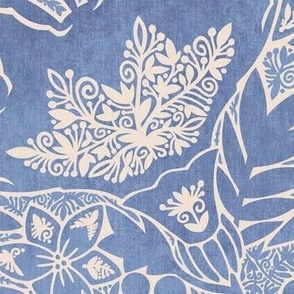 (large) Indian Florals Chintz Tonal block print linen texture Steel Blue