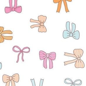 Girly Bows pink orange blue on white tossed multi-directional