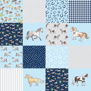 Horses Blue Cheater Quilt - 6 inch patchwork squares