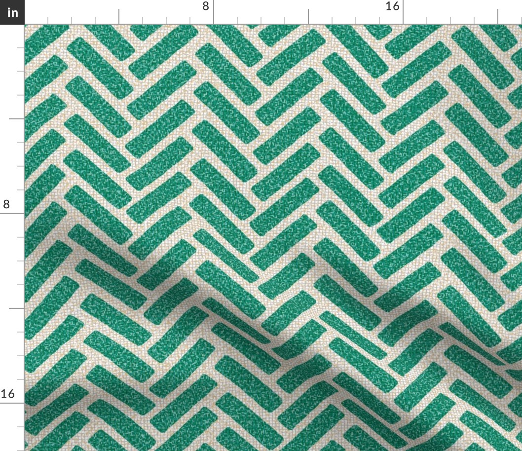 Verdigris Chevron Herringbone (L) - Green on Translucent Gold Silver Linen